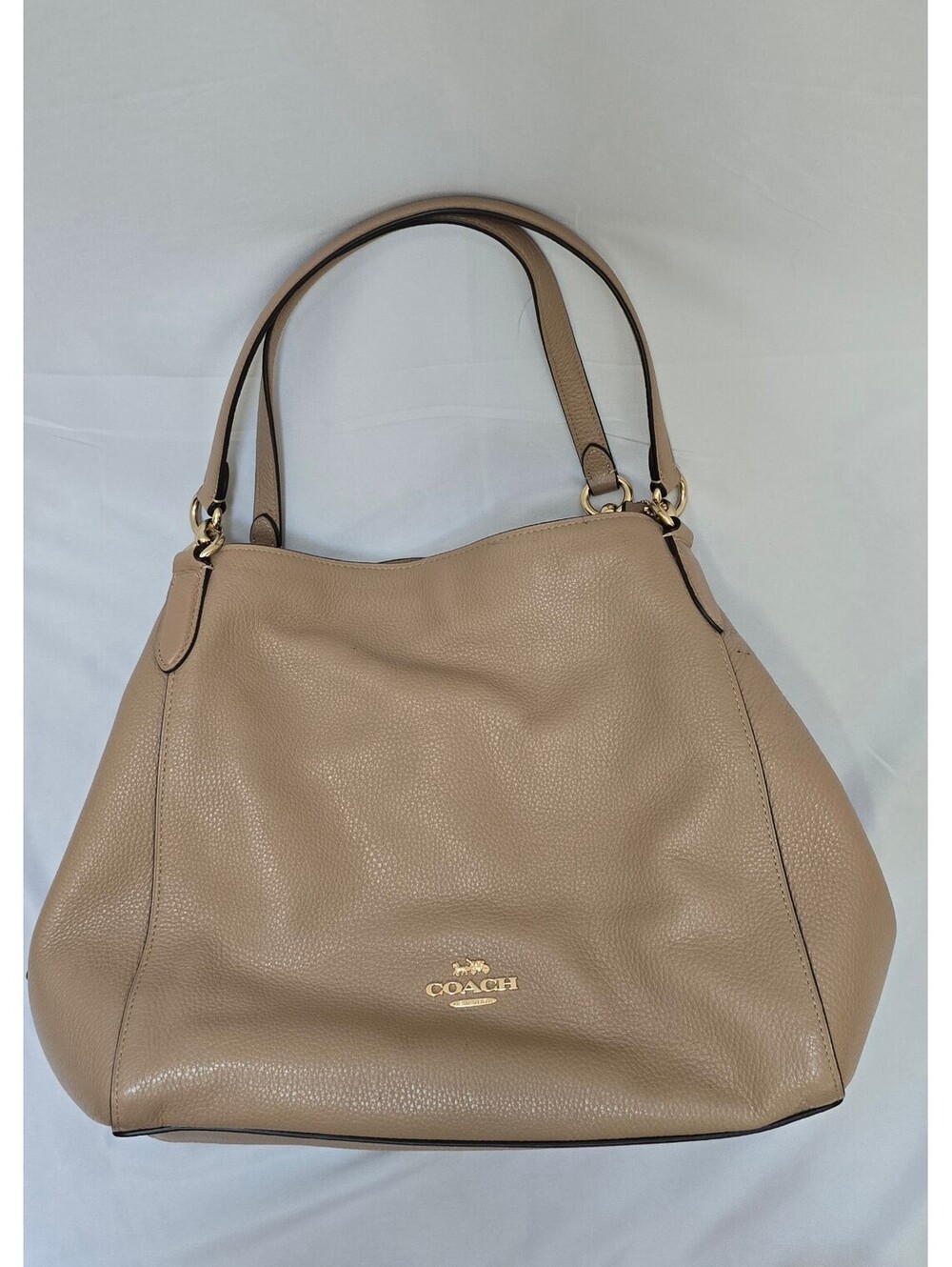 Coach 80208 Pebbled Leather Large Shoulder Bag Taupe Gold Burgundy